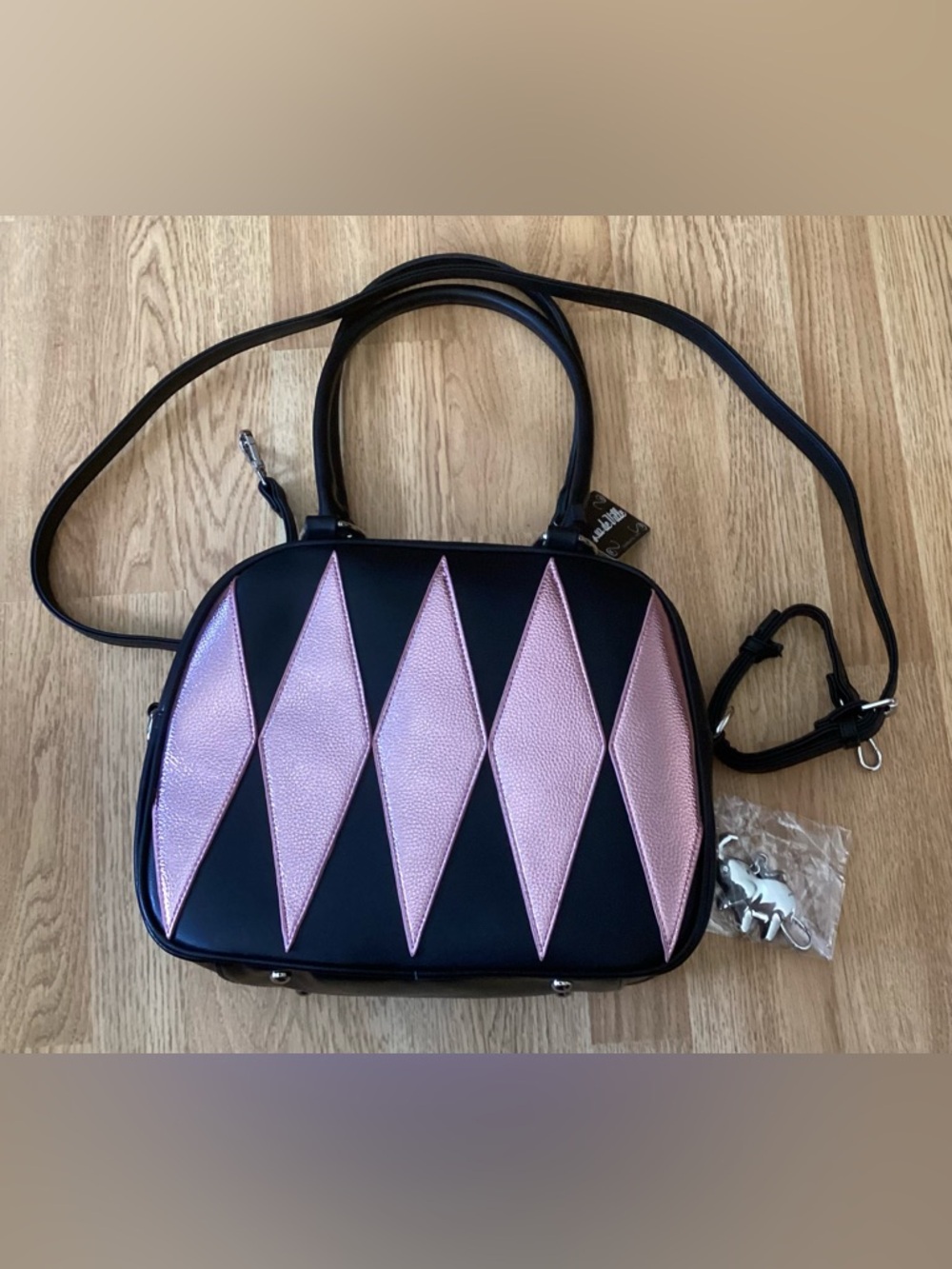 Lux de Ville Black Satchel with Metallic Pink Diamond Panels